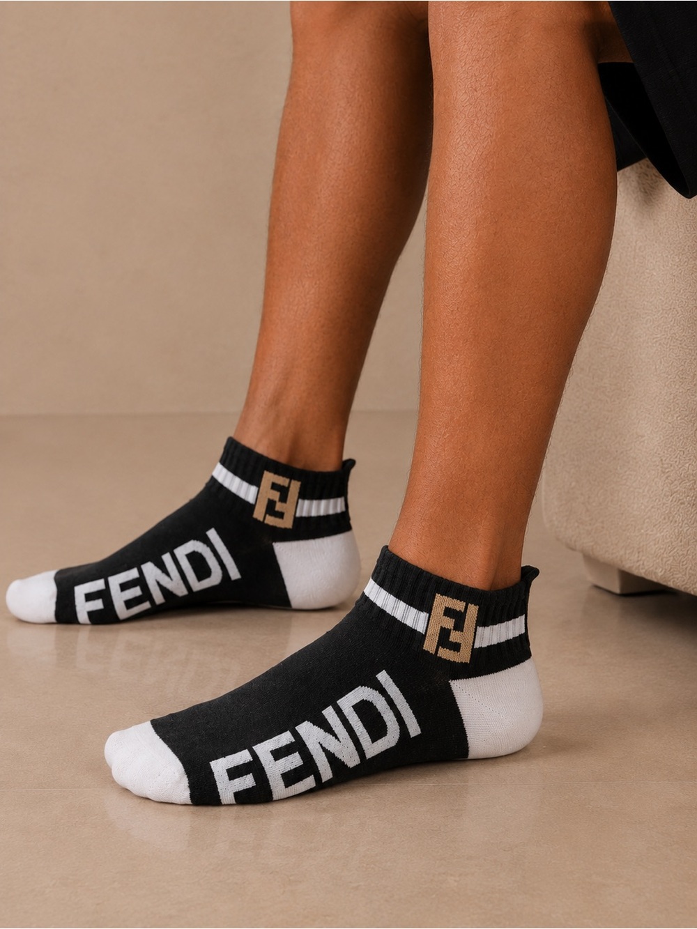 Fendi Black, White & Gold Logo Ankle Socks